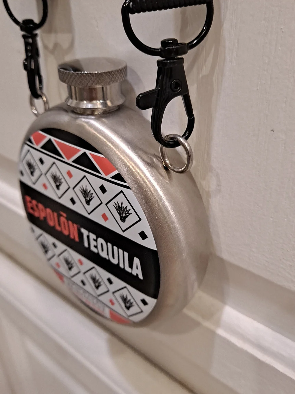Espolon Stainless Steel Silver Hip Flask Black White & Coral Artwork Festival